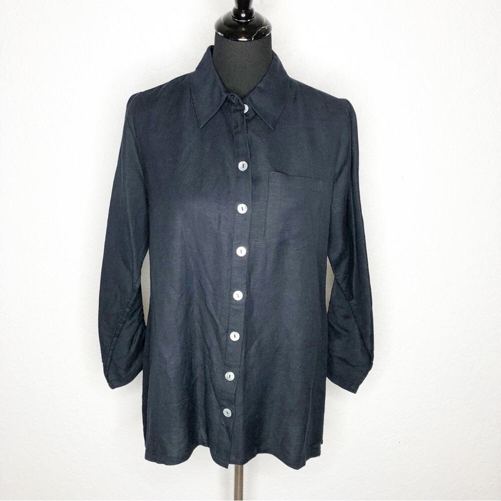 Soft Surroundings black linen blend button down zipper back top size Medium